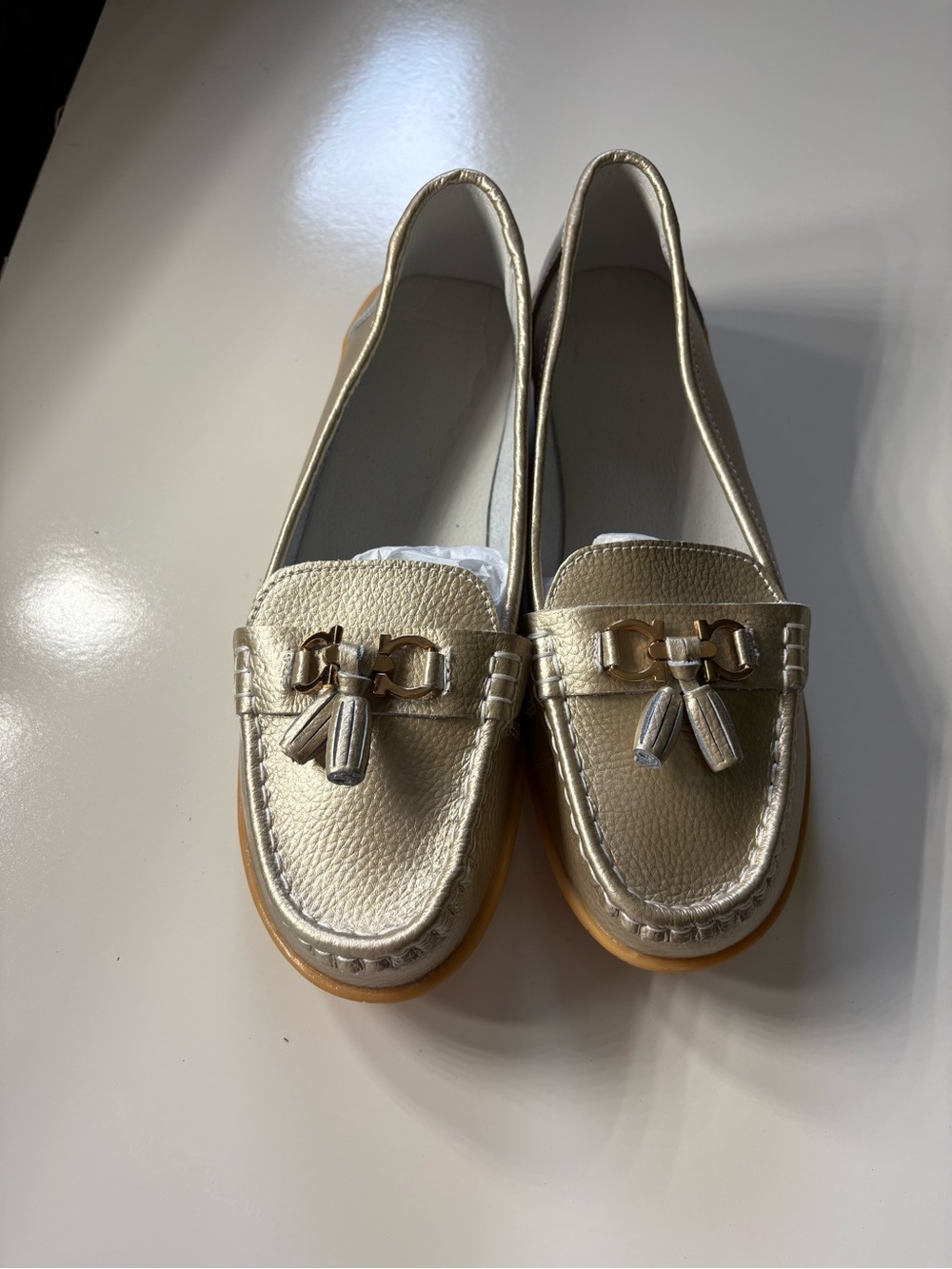 Women's Metallic Gold Tassel Loafers with Chain Accent